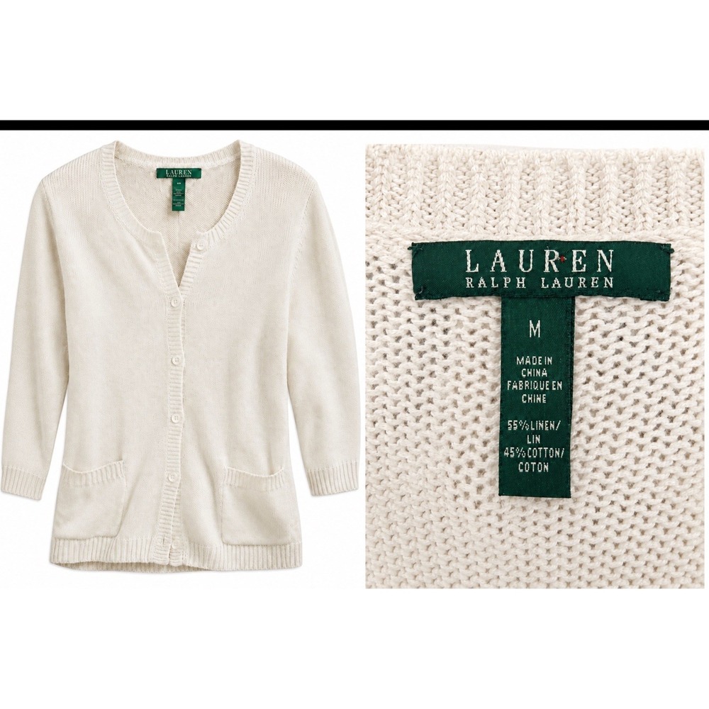 Ralph Lauren Sport Medium  Linen V Neck Cardigan Sweater Women Loose Knit Pocket
